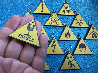 Black and Yellow Sign Earrings: Laser Cut Acrylic Signs, Triangle Signs, Emergency, Danger Sign, Fragile, Best Gifts for Her/Him/Them