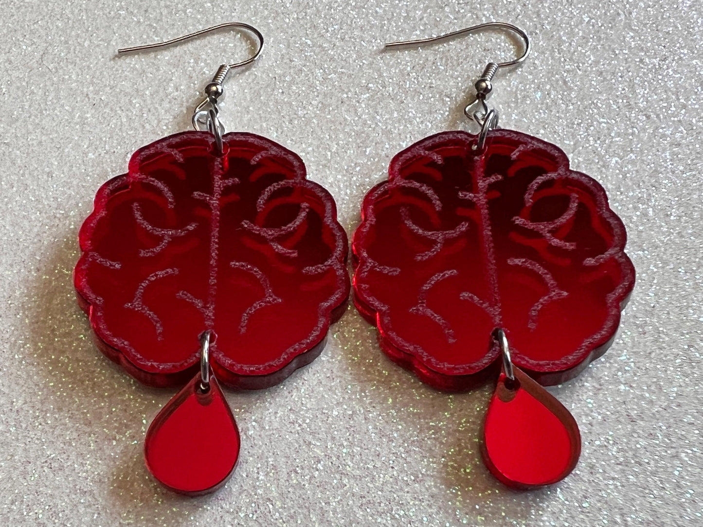 Bleeding Brain Earrings: Halloween, Laser Cut Acrylic Mirrored Brains, Genius, IQ, Nerd, Nurse, Doctor, Best Gifts for Her/Him/Them
