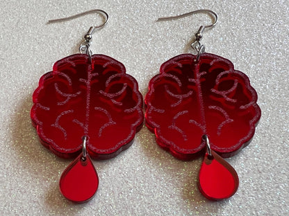 Bleeding Brain Earrings: Halloween, Laser Cut Acrylic Mirrored Brains, Genius, IQ, Nerd, Nurse, Doctor, Best Gifts for Her/Him/Them