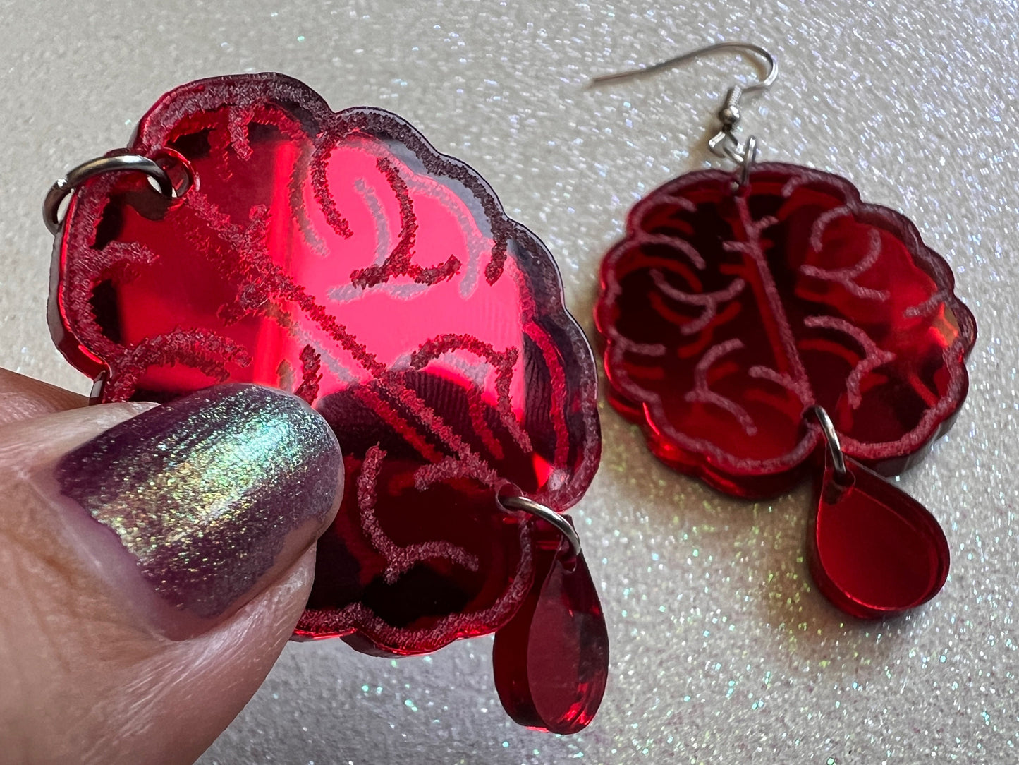 Bleeding Brain Earrings: Halloween, Laser Cut Acrylic Mirrored Brains, Genius, IQ, Nerd, Nurse, Doctor, Best Gifts for Her/Him/Them