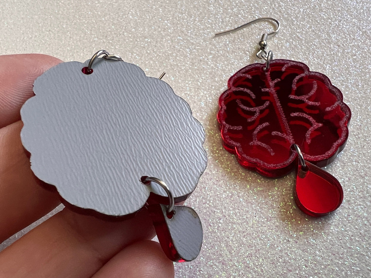 Bleeding Brain Earrings: Halloween, Laser Cut Acrylic Mirrored Brains, Genius, IQ, Nerd, Nurse, Doctor, Best Gifts for Her/Him/Them
