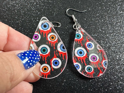 Bloody Eyeball Earrings: Laser Cut Acrylic Eyes, Bleeding Eyeballs, Horror, Scary, Anatomy, Halloween, Gag Gift, Best Gifts for Her/Him/Them