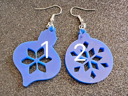 Blue Christmas Ornament Earrings: Laser Cut Acrylic Ornaments, Christmas Baubles, Festive, Holiday, Best Gifts for Her/Him/Them