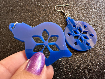 Blue Christmas Ornament Earrings: Laser Cut Acrylic Ornaments, Christmas Baubles, Festive, Holiday, Best Gifts for Her/Him/Them