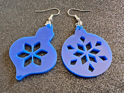 Blue Christmas Ornament Earrings: Laser Cut Acrylic Ornaments, Christmas Baubles, Festive, Holiday, Best Gifts for Her/Him/Them