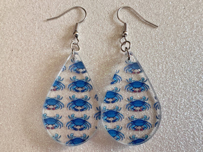 Blue Crab Earrings: Laser Cut Acrylic Crabs, Sea Animal, Ocean Creatures, Aquarium, Tank, Beach, Scuba Diving, Best Gifts for Her/Him/Them
