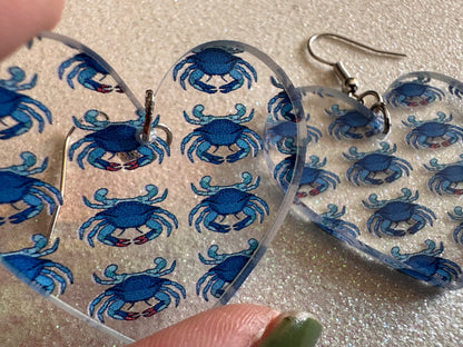 Blue Crab Earrings: Laser Cut Acrylic Crabs, Sea Animal, Ocean Creatures, Aquarium, Tank, Beach, Scuba Diving, Best Gifts for Her/Him/Them