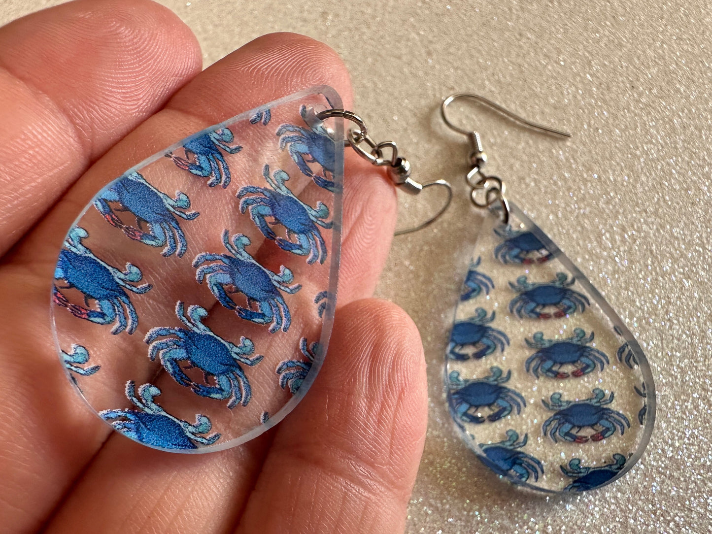 Blue Crab Earrings: Laser Cut Acrylic Crabs, Sea Animal, Ocean Creatures, Aquarium, Tank, Beach, Scuba Diving, Best Gifts for Her/Him/Them