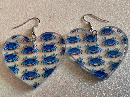 Blue Crab Earrings: Laser Cut Acrylic Crabs, Sea Animal, Ocean Creatures, Aquarium, Tank, Beach, Scuba Diving, Best Gifts for Her/Him/Them