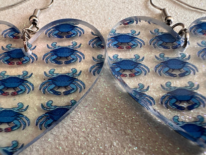 Blue Crab Earrings: Laser Cut Acrylic Crabs, Sea Animal, Ocean Creatures, Aquarium, Tank, Beach, Scuba Diving, Best Gifts for Her/Him/Them