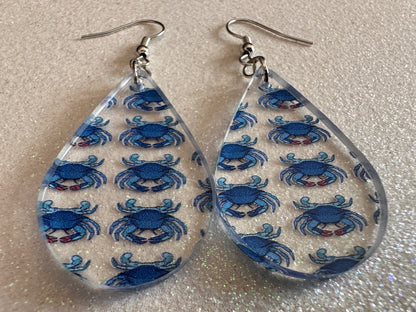 Blue Crab Earrings: Laser Cut Acrylic Crabs, Sea Animal, Ocean Creatures, Aquarium, Tank, Beach, Scuba Diving, Best Gifts for Her/Him/Them