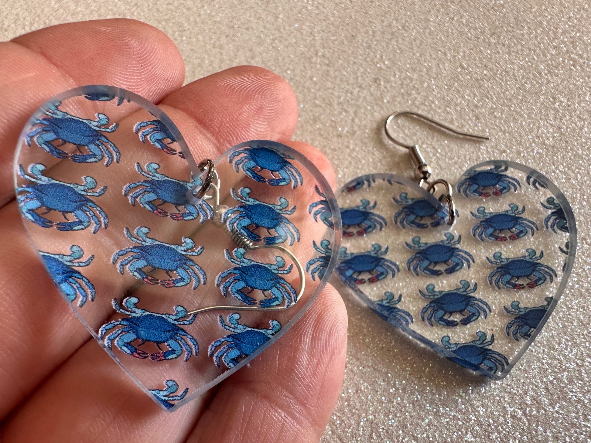 Blue Crab Earrings: Laser Cut Acrylic Crabs, Sea Animal, Ocean Creatures, Aquarium, Tank, Beach, Scuba Diving, Best Gifts for Her/Him/Them