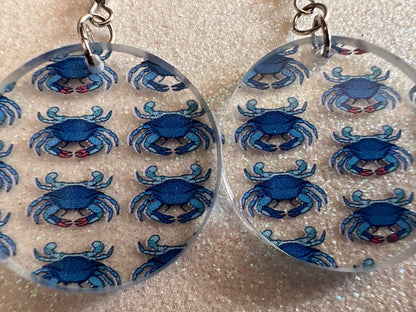 Blue Crab Earrings: Laser Cut Acrylic Crabs, Sea Animal, Ocean Creatures, Aquarium, Tank, Beach, Scuba Diving, Best Gifts for Her/Him/Them