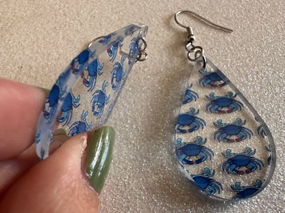 Blue Crab Earrings: Laser Cut Acrylic Crabs, Sea Animal, Ocean Creatures, Aquarium, Tank, Beach, Scuba Diving, Best Gifts for Her/Him/Them