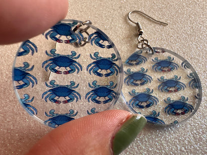 Blue Crab Earrings: Laser Cut Acrylic Crabs, Sea Animal, Ocean Creatures, Aquarium, Tank, Beach, Scuba Diving, Best Gifts for Her/Him/Them