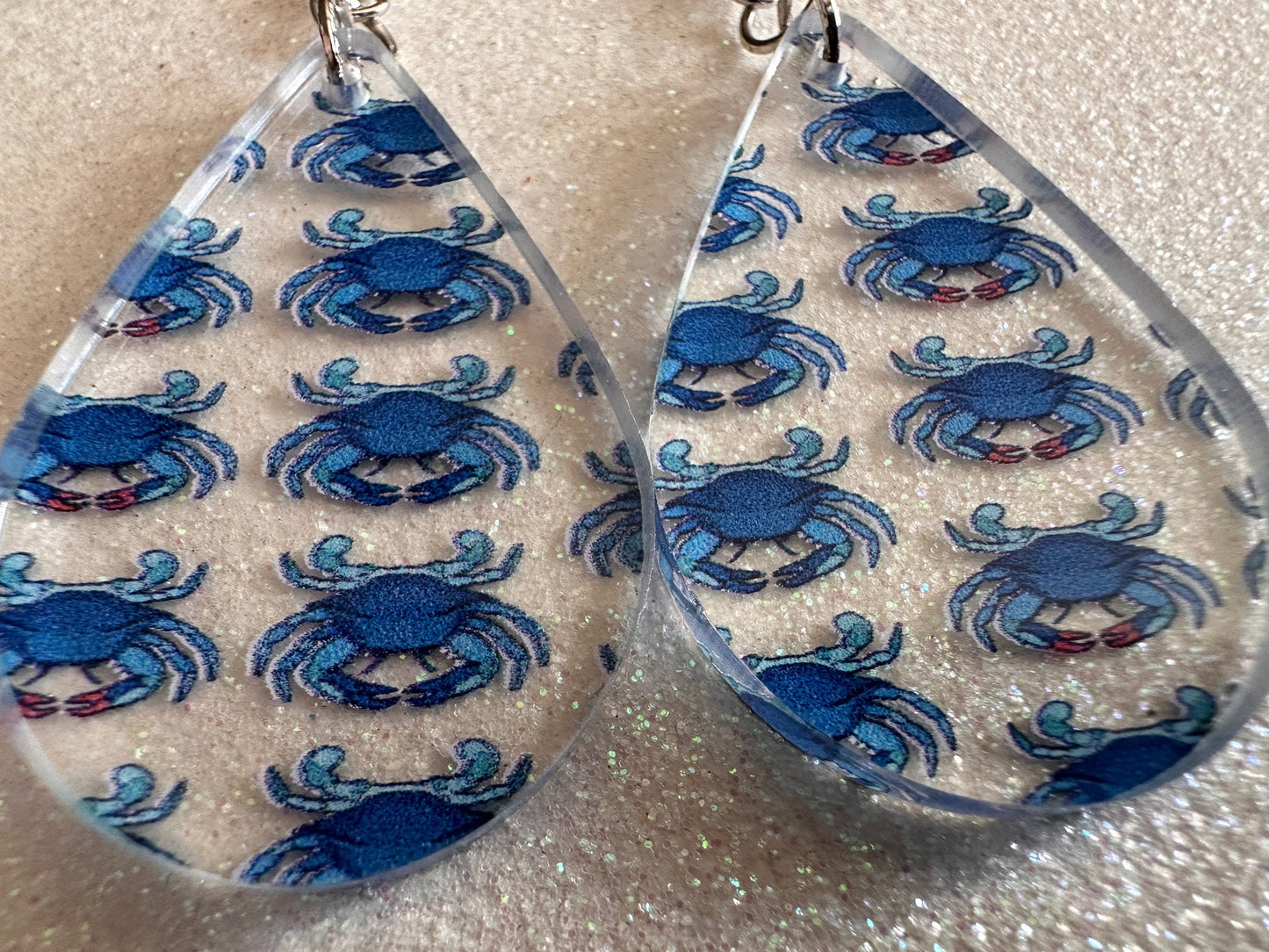 Blue Crab Earrings: Laser Cut Acrylic Crabs, Sea Animal, Ocean Creatures, Aquarium, Tank, Beach, Scuba Diving, Best Gifts for Her/Him/Them