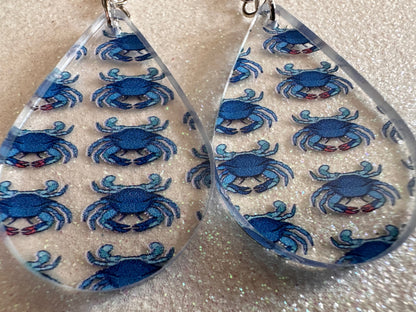 Blue Crab Earrings: Laser Cut Acrylic Crabs, Sea Animal, Ocean Creatures, Aquarium, Tank, Beach, Scuba Diving, Best Gifts for Her/Him/Them