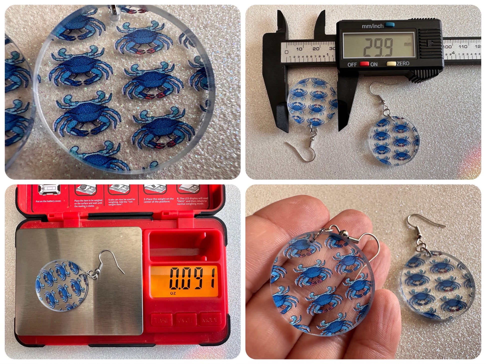 Blue Crab Earrings: Laser Cut Acrylic Crabs, Sea Animal, Ocean Creatures, Aquarium, Tank, Beach, Scuba Diving, Best Gifts for Her/Him/Them