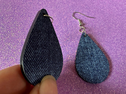 Blue Denim Earrings: Faux Jean Fabric, Laser Cut Acrylic Jeans, Fashion, Clothes, Pants, Novelty Earrings, Best Gifts for Her/Him/Them