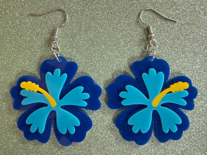 Blue Hibiscus Earrings: Laser Cut Acrylic Flowers, Floral, Flower, Hawaii, Maui Strong, Summer Vibes, Best Gifts for Her/Him/Them