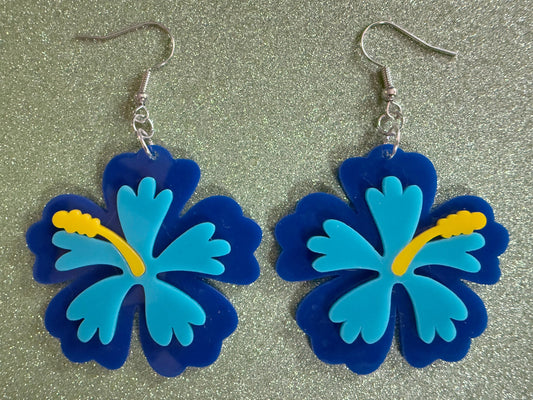 Blue Hibiscus Earrings: Laser Cut Acrylic Flowers, Floral, Flower, Hawaii, Maui Strong, Summer Vibes, Best Gifts for Her/Him/Them