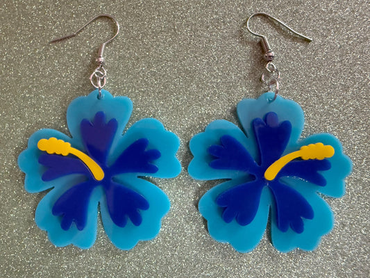 Blue Hibiscus Earrings: Laser Cut Acrylic Flowers, Floral, Flower, Hawaii, Maui Strong, Summer Vibes, Best Gifts for Her/Him/Them