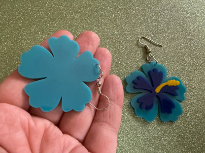Blue Hibiscus Earrings: Laser Cut Acrylic Flowers, Floral, Flower, Hawaii, Maui Strong, Summer Vibes, Best Gifts for Her/Him/Them