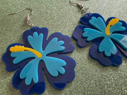 Blue Hibiscus Earrings: Laser Cut Acrylic Flowers, Floral, Flower, Hawaii, Maui Strong, Summer Vibes, Best Gifts for Her/Him/Them