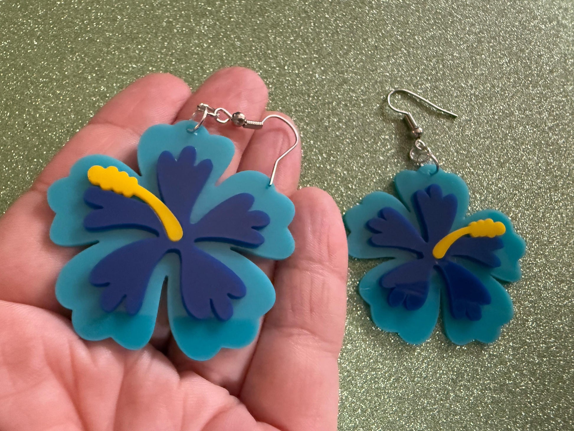 Blue Hibiscus Earrings: Laser Cut Acrylic Flowers, Floral, Flower, Hawaii, Maui Strong, Summer Vibes, Best Gifts for Her/Him/Them