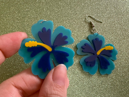 Blue Hibiscus Earrings: Laser Cut Acrylic Flowers, Floral, Flower, Hawaii, Maui Strong, Summer Vibes, Best Gifts for Her/Him/Them