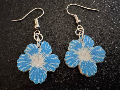 Blue Hibiscus Earrings: Laser Cut Acrylic Flowers, Floral, Flowers, Hawaii, Maui Strong, Summer Vibes, Best Gifts for Her/Him/Them