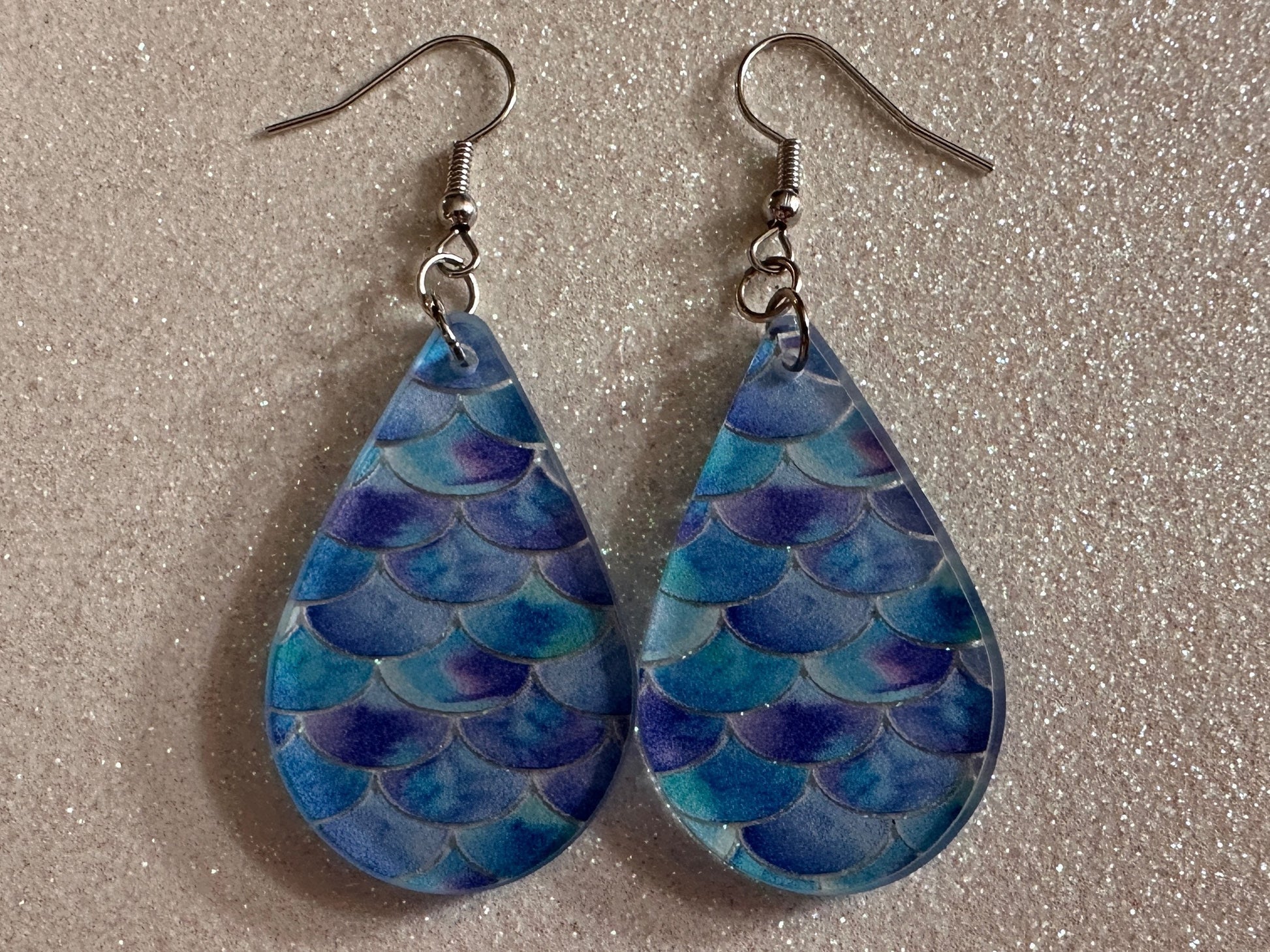 Blue Mermaid Earrings: Laser Cut Acrylic Fish Scale Earrings, Ocean, Aquatic, Tropical, Magic, Glitter, Ocean, Best Gifts for Her/Him/Them