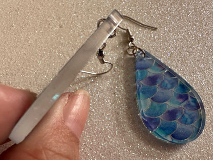 Blue Mermaid Earrings: Laser Cut Acrylic Fish Scale Earrings, Ocean, Aquatic, Tropical, Magic, Glitter, Ocean, Best Gifts for Her/Him/Them