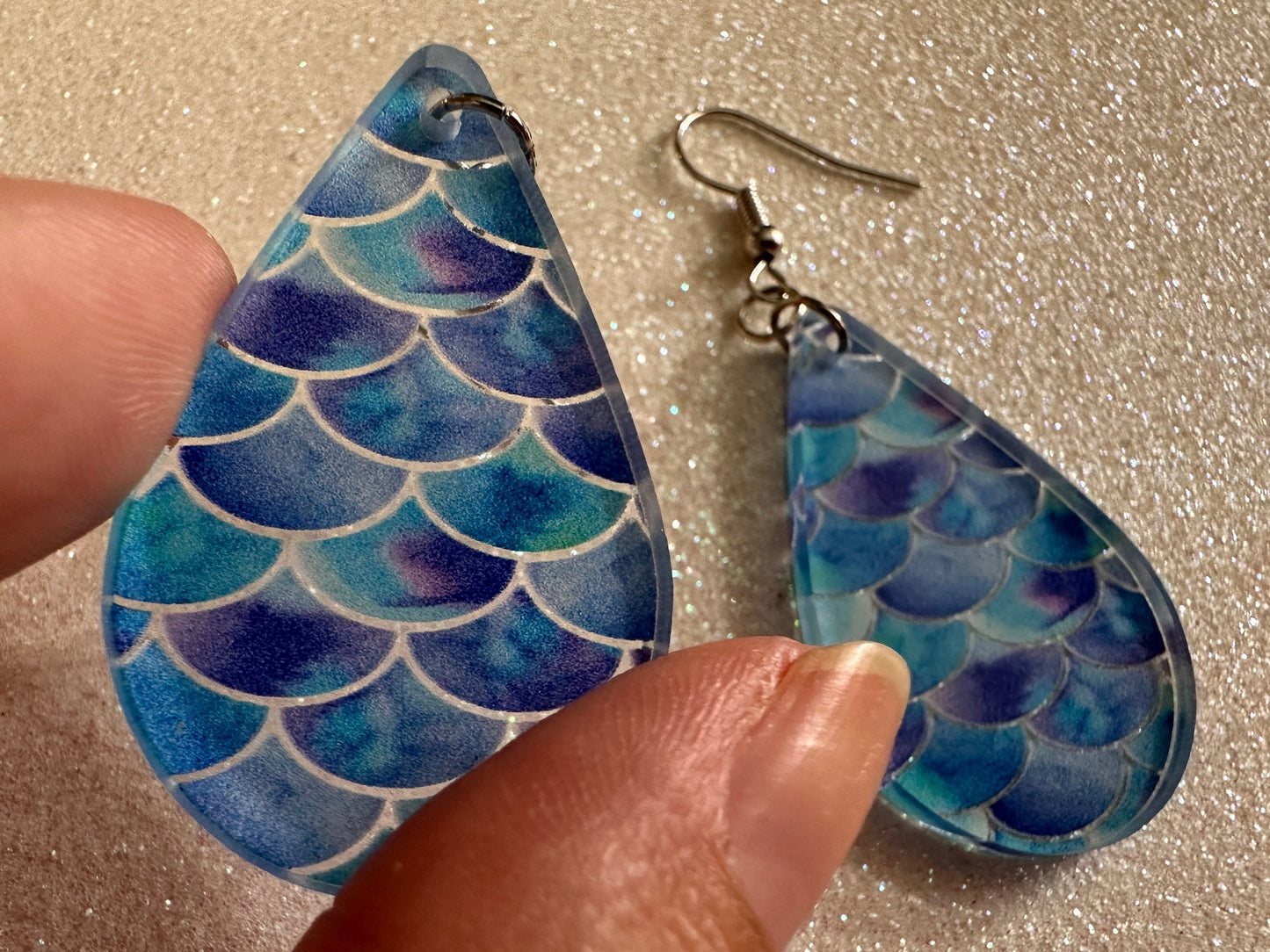 Blue Mermaid Earrings: Laser Cut Acrylic Fish Scale Earrings, Ocean, Aquatic, Tropical, Magic, Glitter, Ocean, Best Gifts for Her/Him/Them