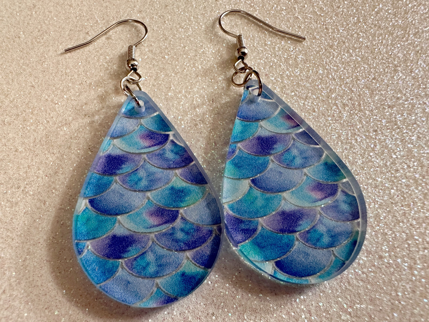 Blue Mermaid Earrings: Laser Cut Acrylic Fish Scale Earrings, Ocean, Aquatic, Tropical, Magic, Glitter, Ocean, Best Gifts for Her/Him/Them