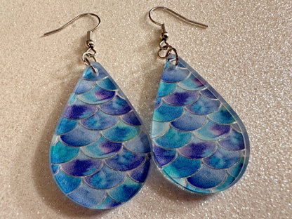 Blue Mermaid Earrings: Laser Cut Acrylic Fish Scale Earrings, Ocean, Aquatic, Tropical, Magic, Glitter, Ocean, Best Gifts for Her/Him/Them