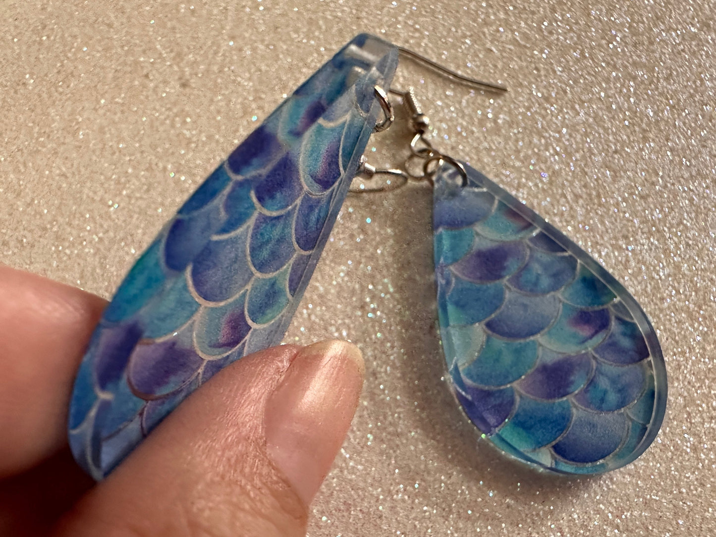 Blue Mermaid Earrings: Laser Cut Acrylic Fish Scale Earrings, Ocean, Aquatic, Tropical, Magic, Glitter, Ocean, Best Gifts for Her/Him/Them