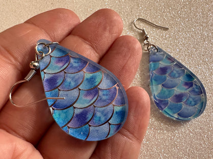 Blue Mermaid Earrings: Laser Cut Acrylic Fish Scale Earrings, Ocean, Aquatic, Tropical, Magic, Glitter, Ocean, Best Gifts for Her/Him/Them