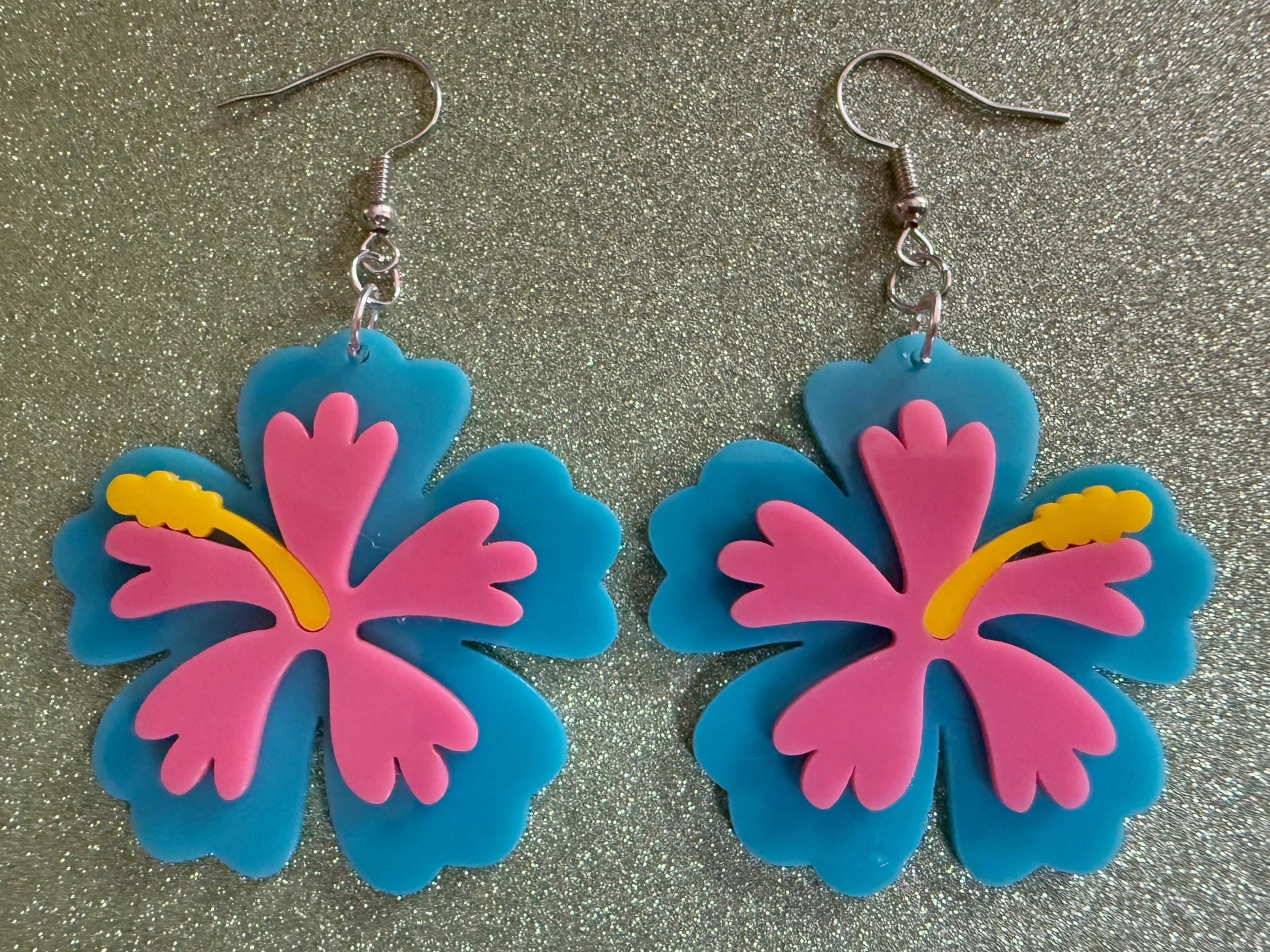 Blue Pink Hibiscus Earrings: Laser Cut Acrylic Flowers, Floral, Flower, Hawaii, Maui Strong, Summer Vibes, Best Gifts for Her/Him/Them