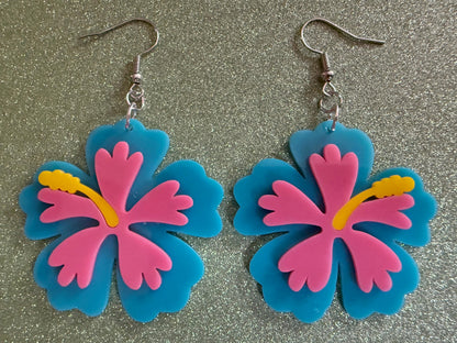 Blue Pink Hibiscus Earrings: Laser Cut Acrylic Flowers, Floral, Flower, Hawaii, Maui Strong, Summer Vibes, Best Gifts for Her/Him/Them