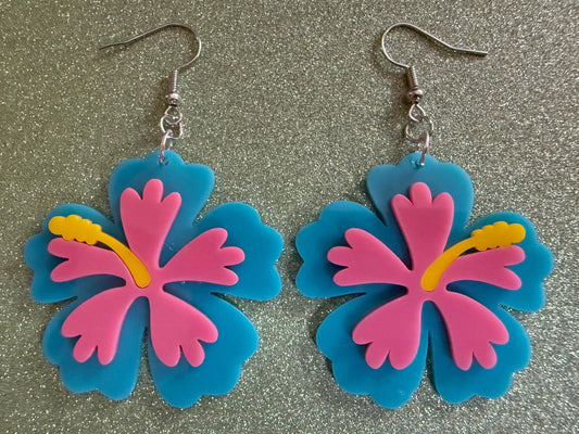 Blue Pink Hibiscus Earrings: Laser Cut Acrylic Flowers, Floral, Flower, Hawaii, Maui Strong, Summer Vibes, Best Gifts for Her/Him/Them