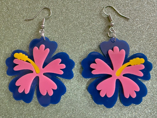 Blue Pink Hibiscus Earrings: Laser Cut Acrylic Flowers, Floral, Flower, Hawaii, Maui Strong, Summer Vibes, Best Gifts for Her/Him/Them