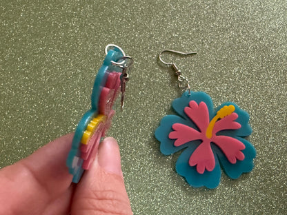 Blue Pink Hibiscus Earrings: Laser Cut Acrylic Flowers, Floral, Flower, Hawaii, Maui Strong, Summer Vibes, Best Gifts for Her/Him/Them