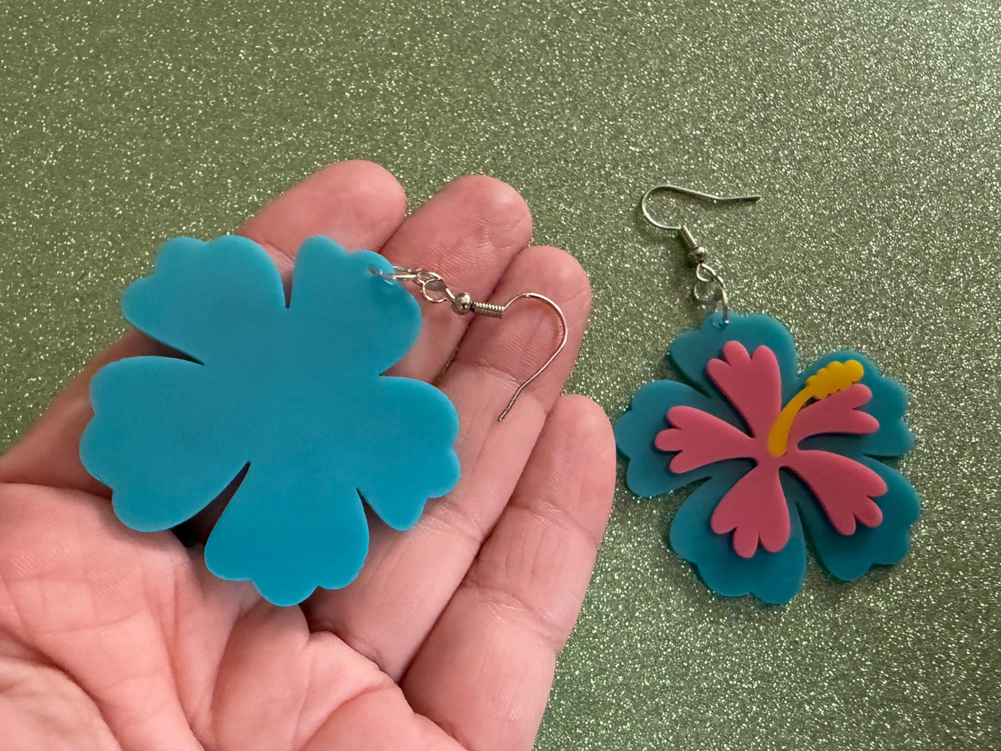 Blue Pink Hibiscus Earrings: Laser Cut Acrylic Flowers, Floral, Flower, Hawaii, Maui Strong, Summer Vibes, Best Gifts for Her/Him/Them