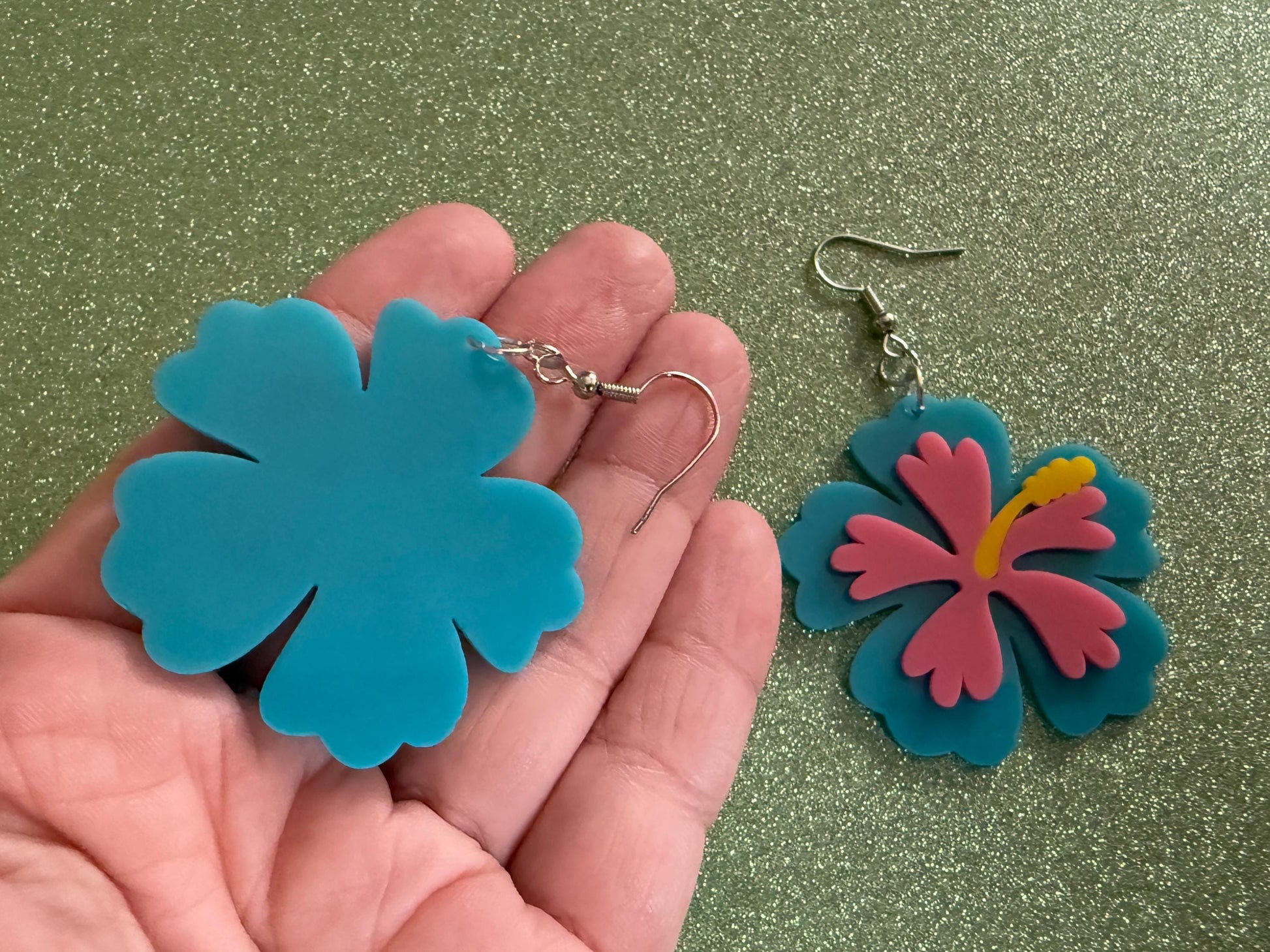 Blue Pink Hibiscus Earrings: Laser Cut Acrylic Flowers, Floral, Flower, Hawaii, Maui Strong, Summer Vibes, Best Gifts for Her/Him/Them
