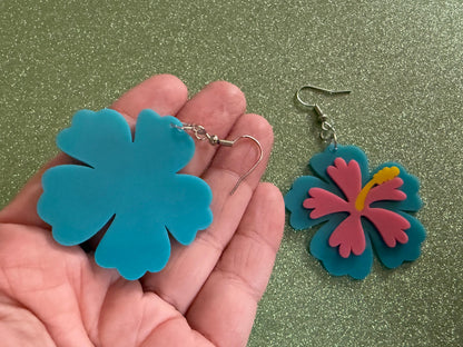 Blue Pink Hibiscus Earrings: Laser Cut Acrylic Flowers, Floral, Flower, Hawaii, Maui Strong, Summer Vibes, Best Gifts for Her/Him/Them