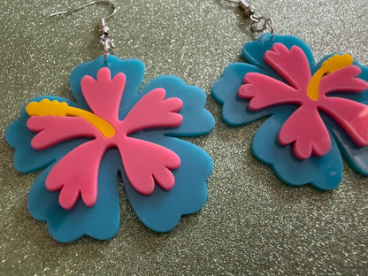 Blue Pink Hibiscus Earrings: Laser Cut Acrylic Flowers, Floral, Flower, Hawaii, Maui Strong, Summer Vibes, Best Gifts for Her/Him/Them