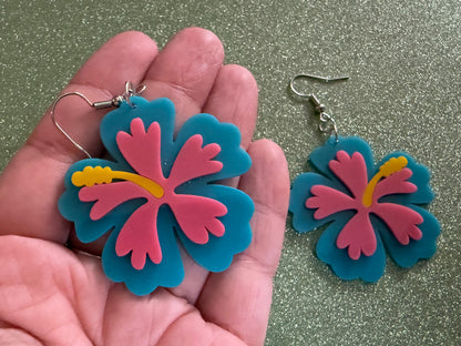 Blue Pink Hibiscus Earrings: Laser Cut Acrylic Flowers, Floral, Flower, Hawaii, Maui Strong, Summer Vibes, Best Gifts for Her/Him/Them