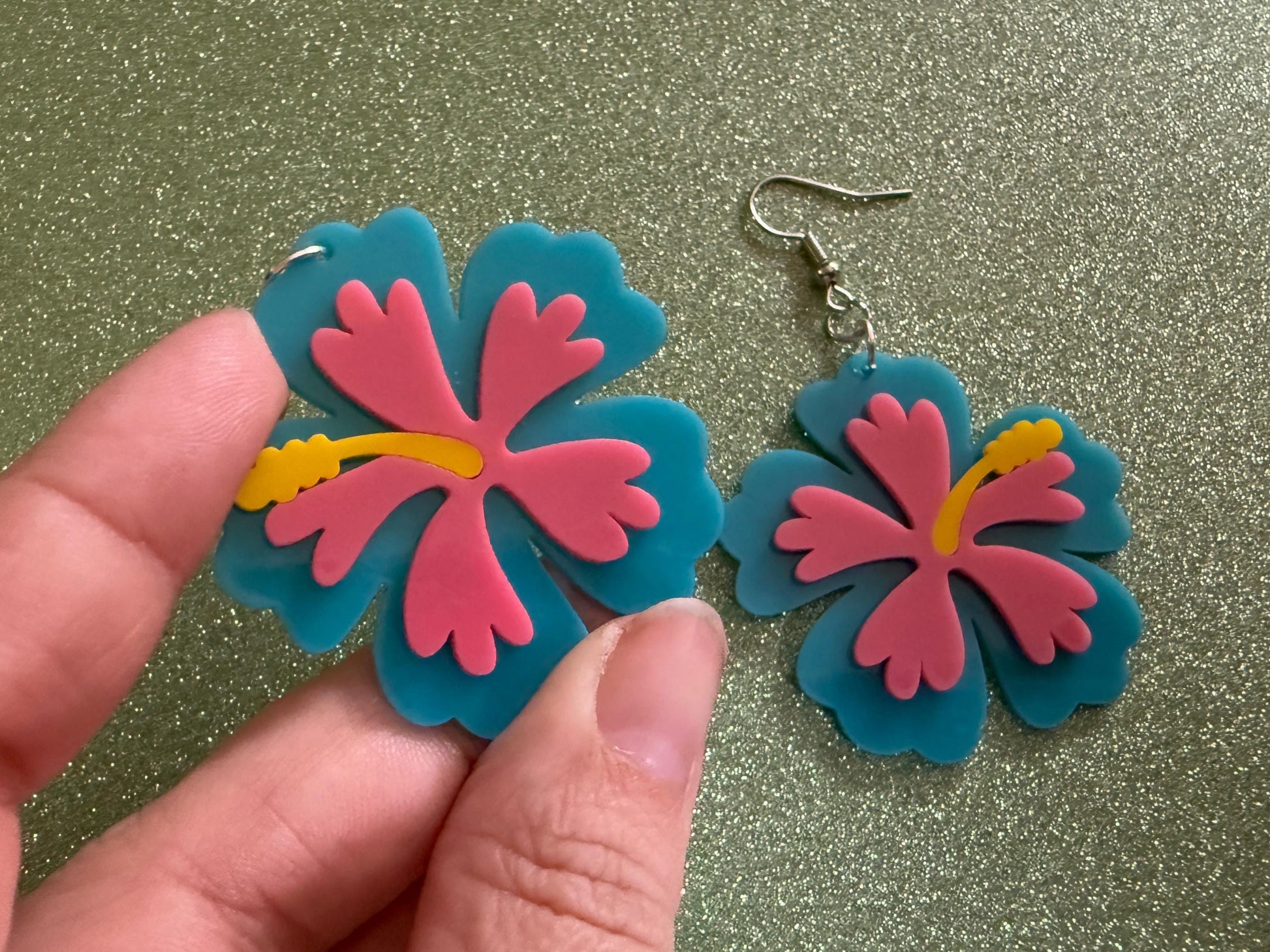 Blue Pink Hibiscus Earrings: Laser Cut Acrylic Flowers, Floral, Flower, Hawaii, Maui Strong, Summer Vibes, Best Gifts for Her/Him/Them