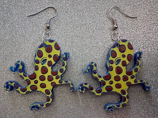 Blue Ring Octopus Earrings: Laser Cut Acrylic Octopuses, Cephalopods, Ocean Animals, Fish, Sea Creatures, Aquatic, Gifts for Her/Him/Them